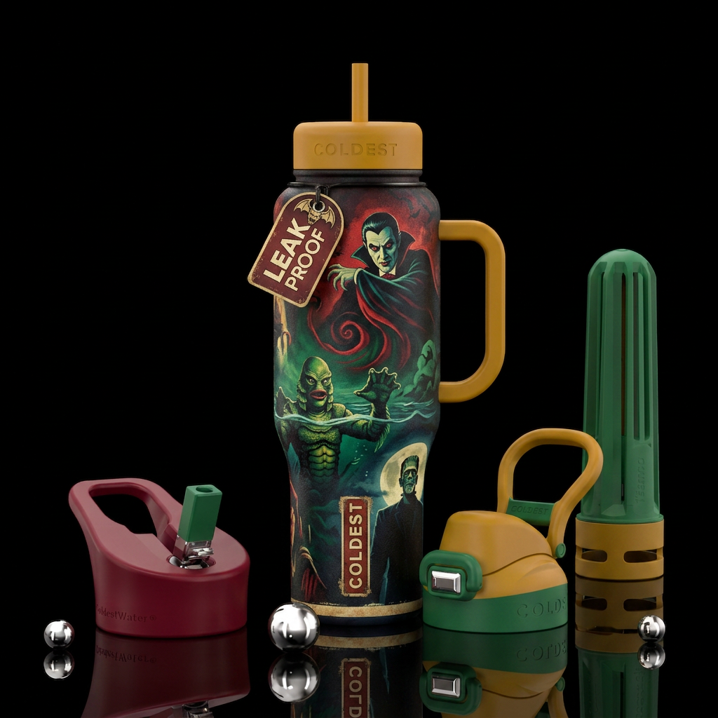 Atmospheric, cinematic, mysterious, elegant, unset... water bottle design