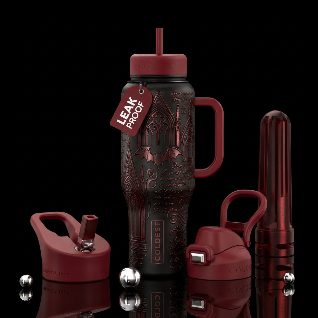 Atmospheric, cinematic, mysterious, elegant, gothi... water bottle design