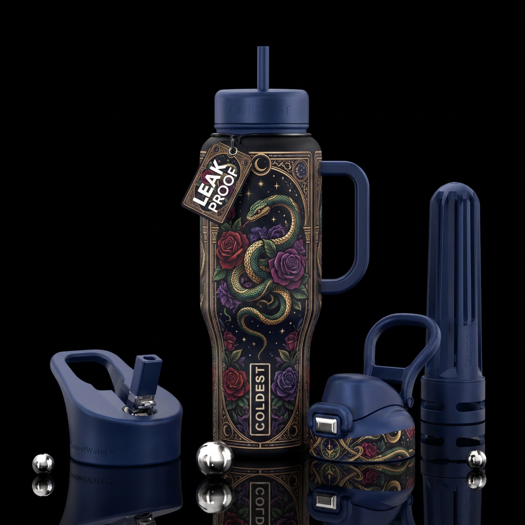 Ornate tarot borders, geometric details, roses, se... water bottle design