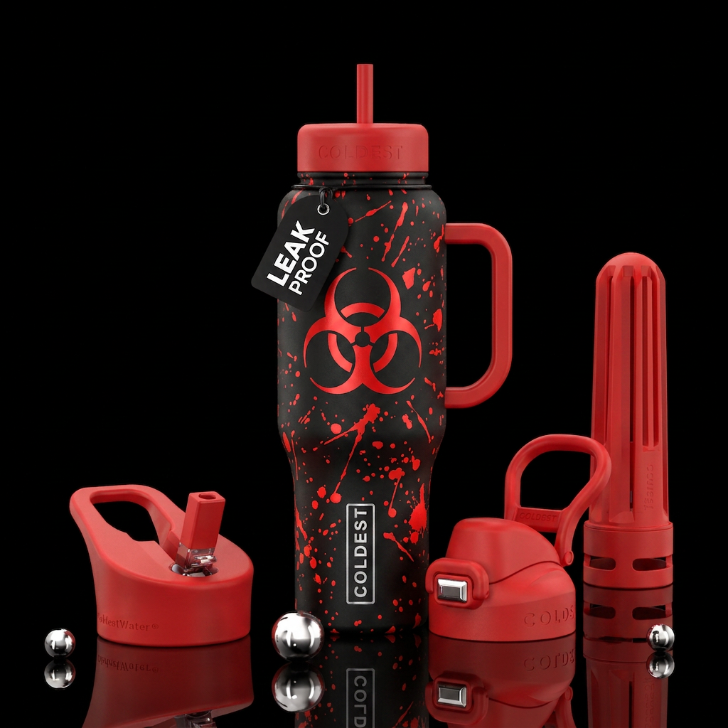 Red Biohazard symbol on a black bottle with red sp... water bottle design