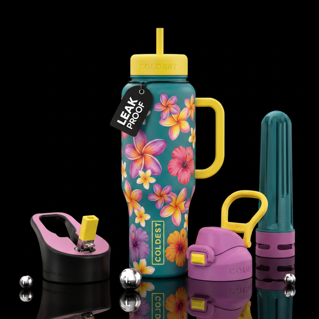 Teal bottle with yellow lid and handle with pink, ... water bottle design