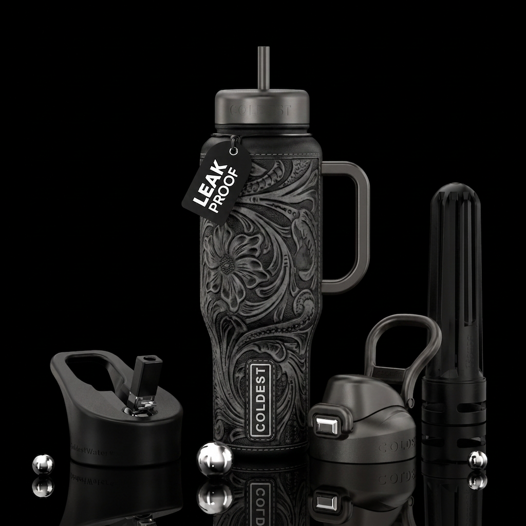 Black bottle with gray lid and handle with black a... water bottle design