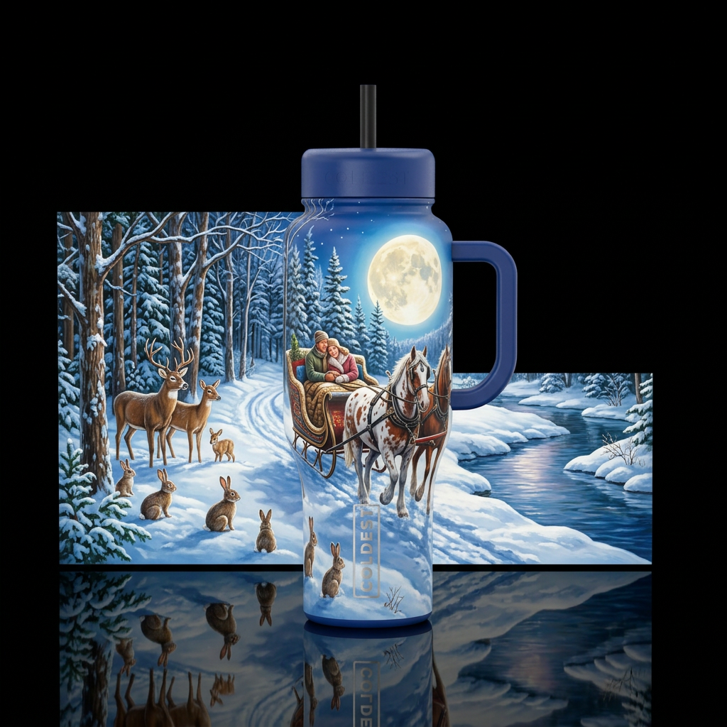 A couple on Moonlit sleigh ride pulled by two spot... water bottle design