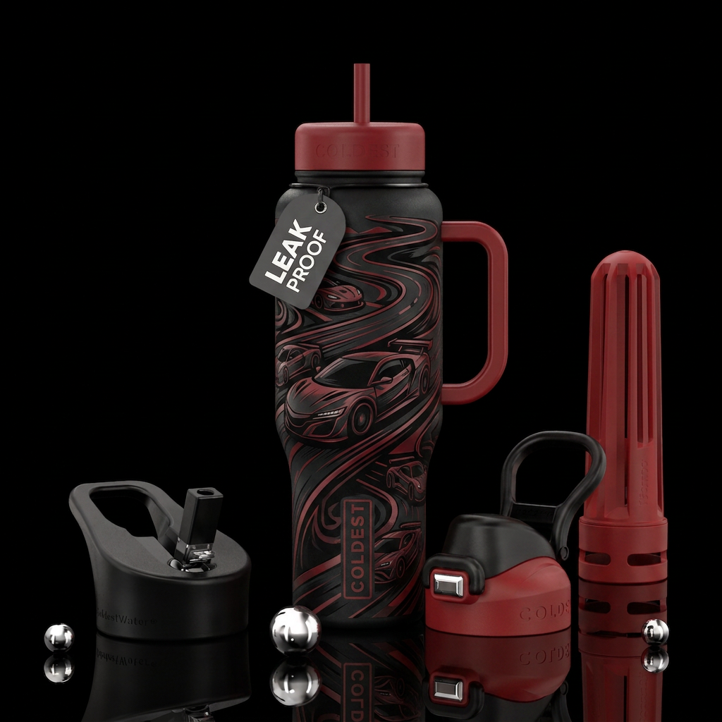 Dark bottle sport cars and racing tracks water bottle design