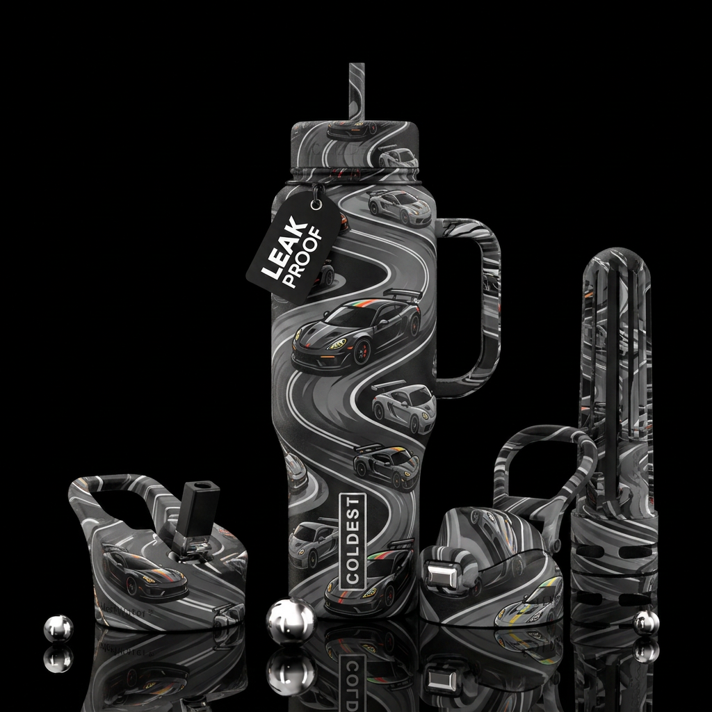 black and gray bottle sport cars and track water bottle design