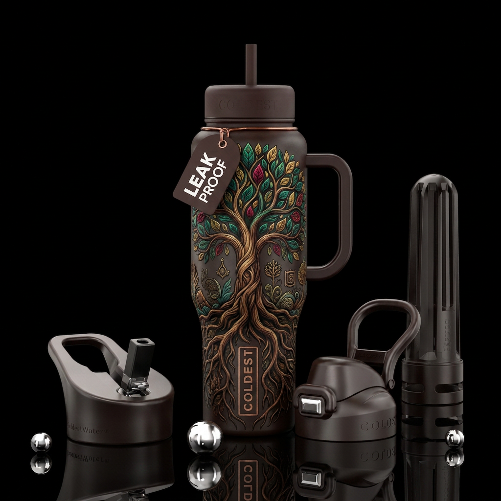 Tree of life: Tree roots spreading browns and othe... water bottle design