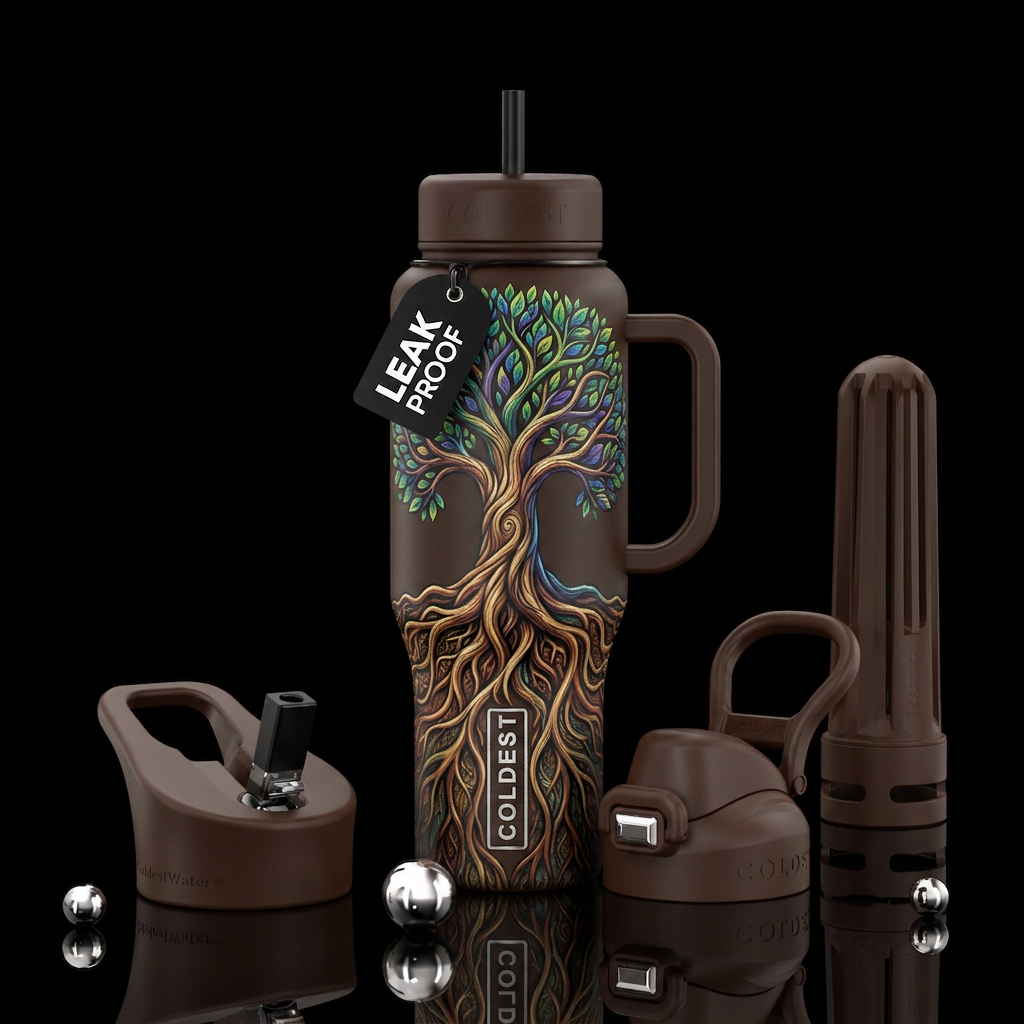 Tree of life: Tree roots spreading browns and othe... water bottle design