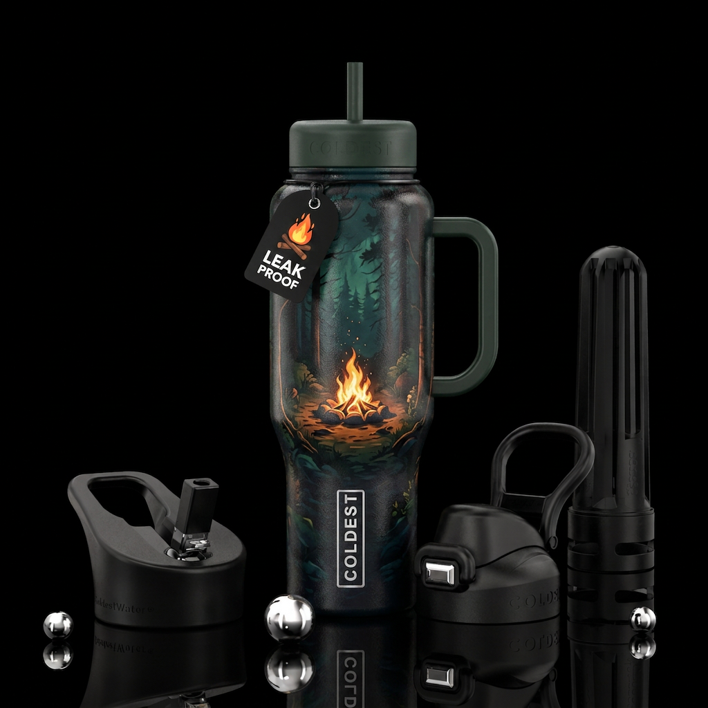 Recharge : dark bottle campfire wooded subtle deta... water bottle design