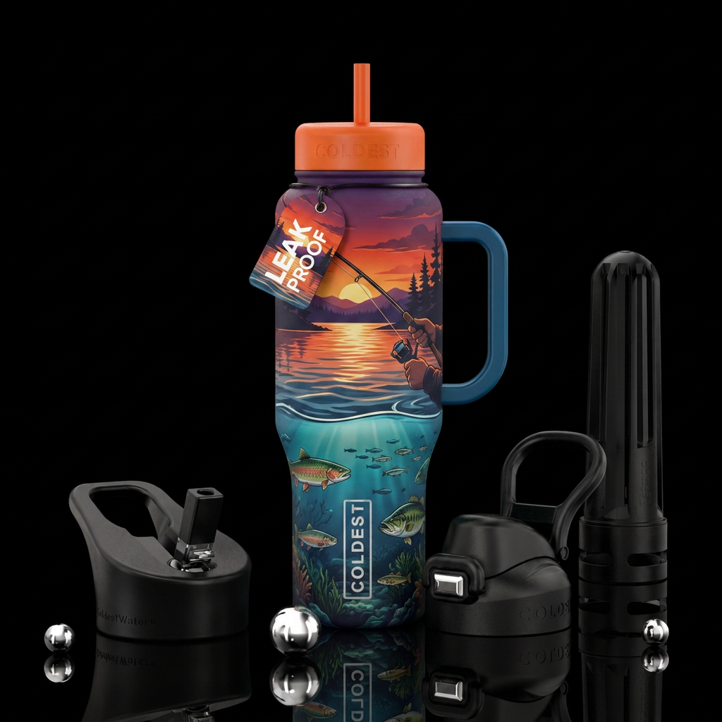 Sunset calm water view holding a fishing rod and v... water bottle design