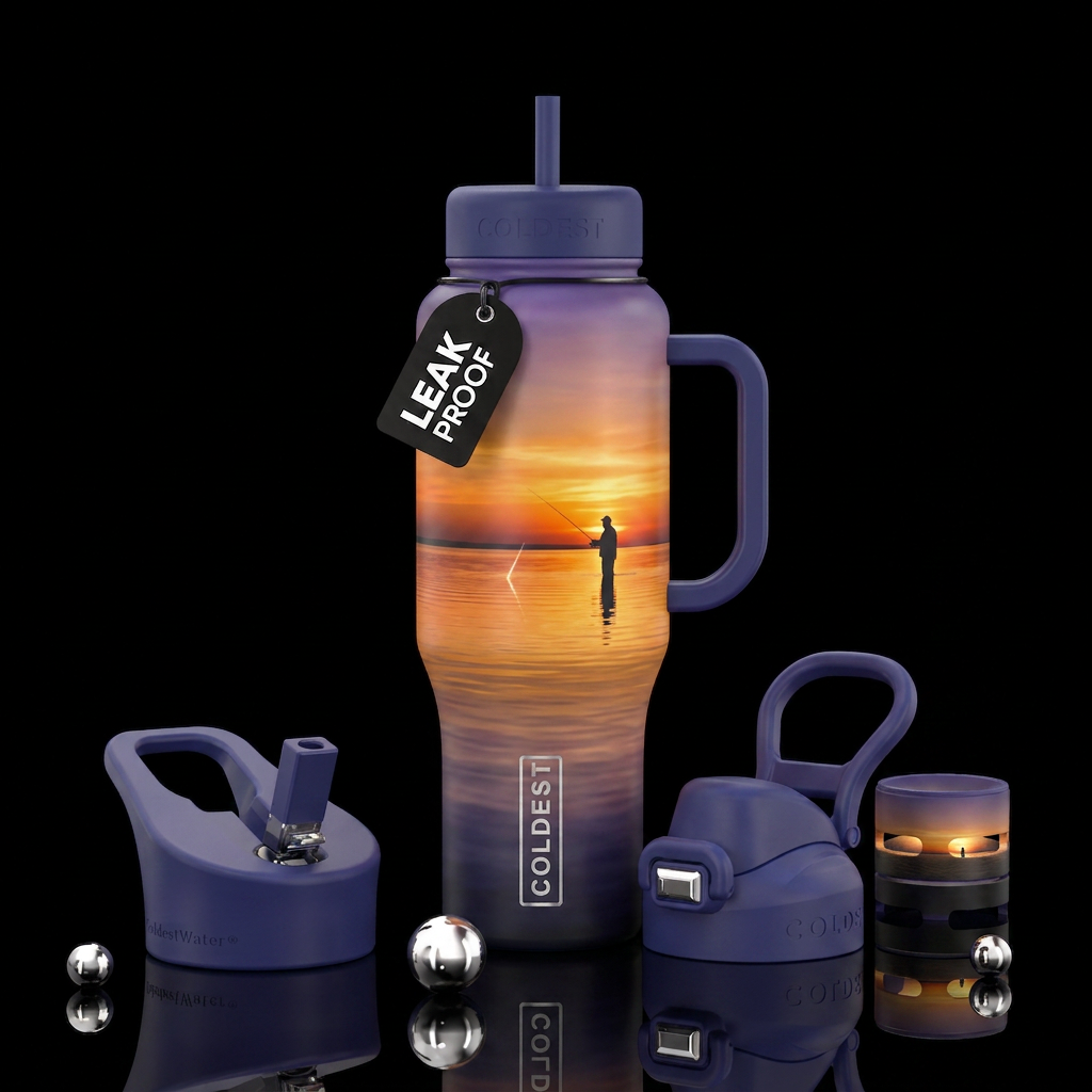 Sunset calm water fishing rod subtle details water bottle design