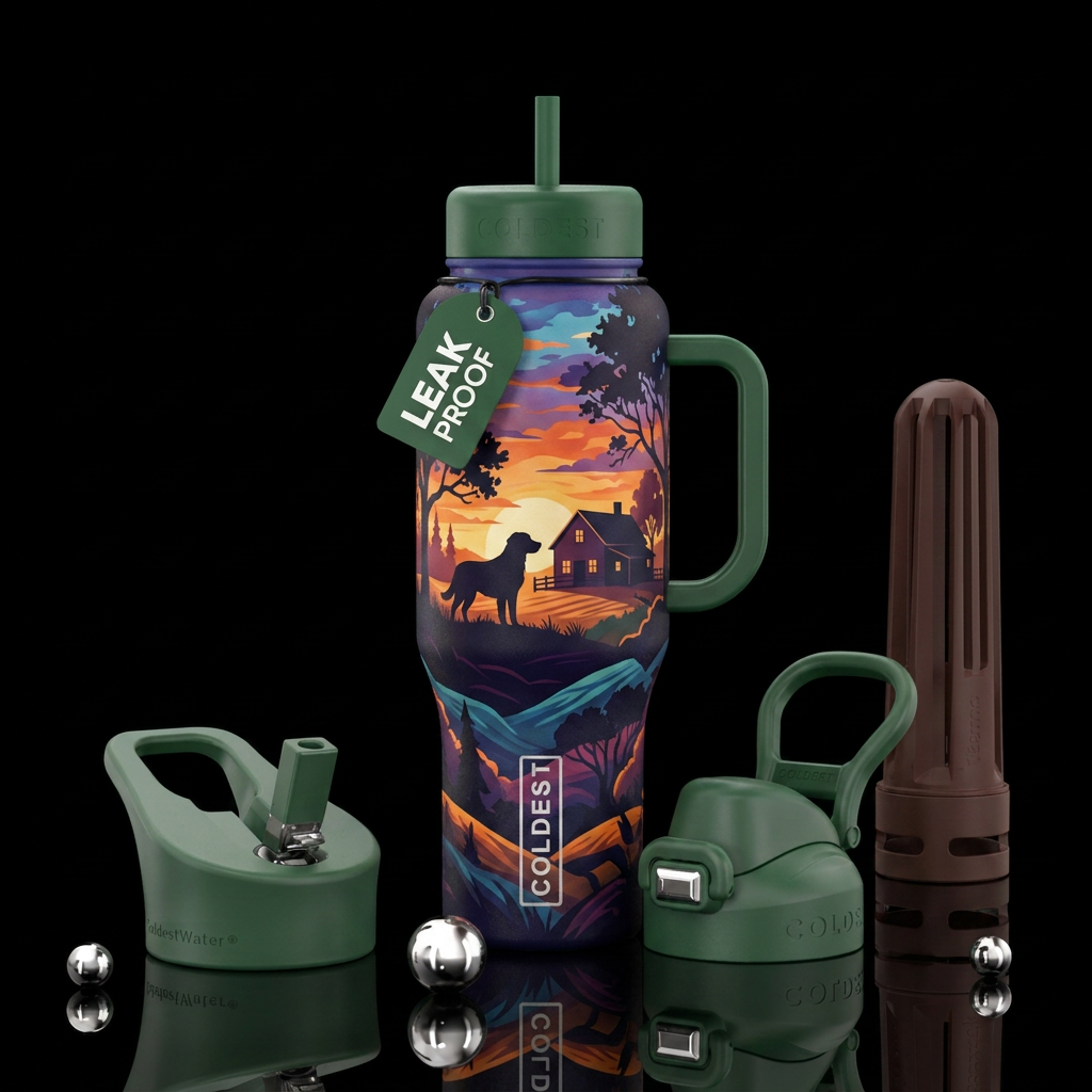 Silhouette of a dog by a house in a rural setting ... water bottle design