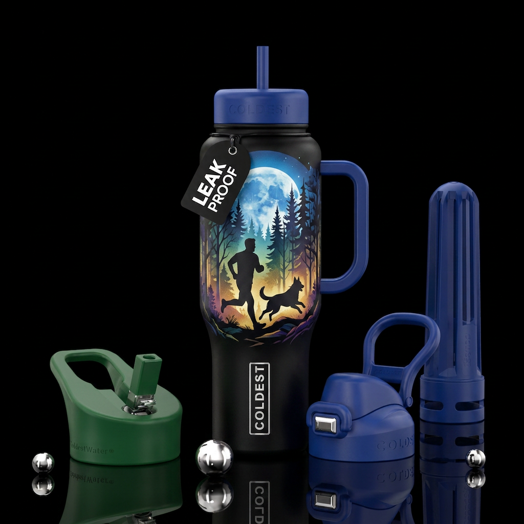 Dog silhouette running to a man silhouette moonlig... water bottle design