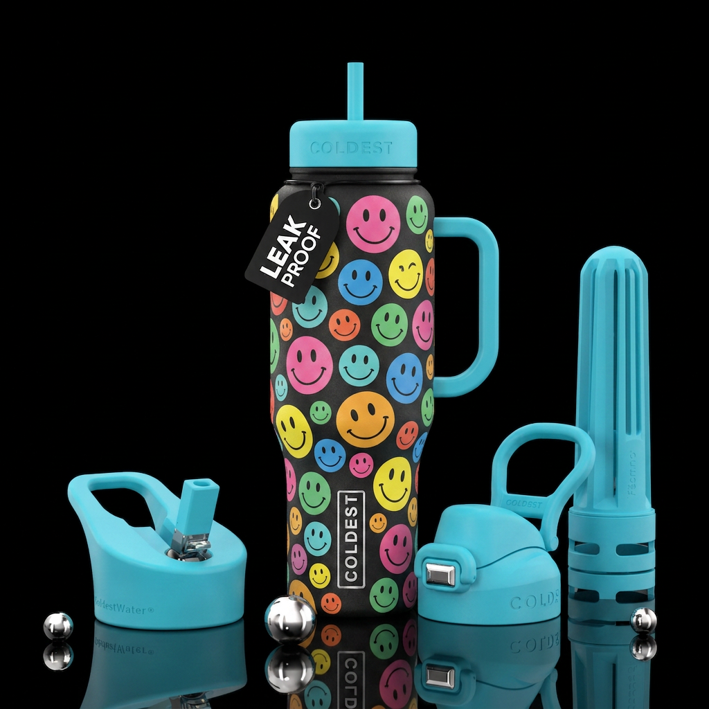 Happy: various sizes and expressions of smiley fac... water bottle design