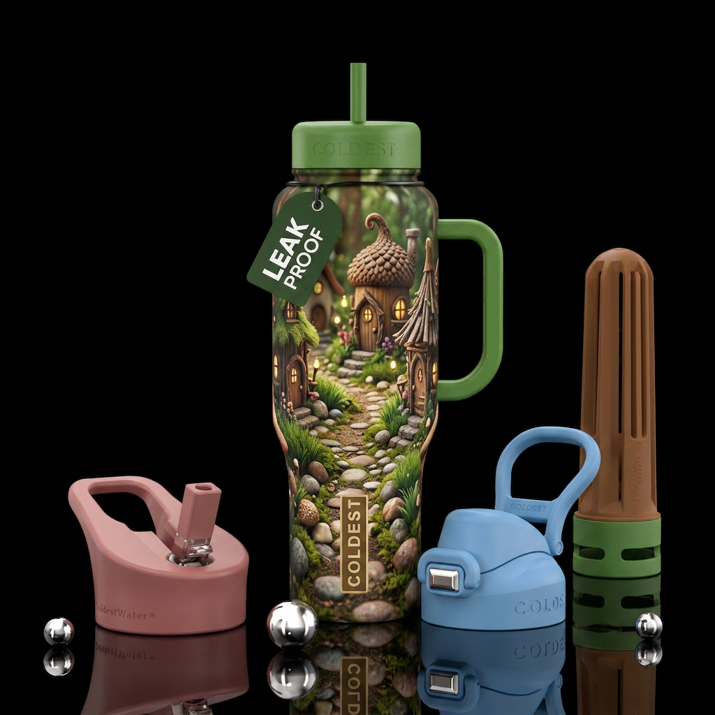 Fairy houses along a wooded path with small rocks ... water bottle design