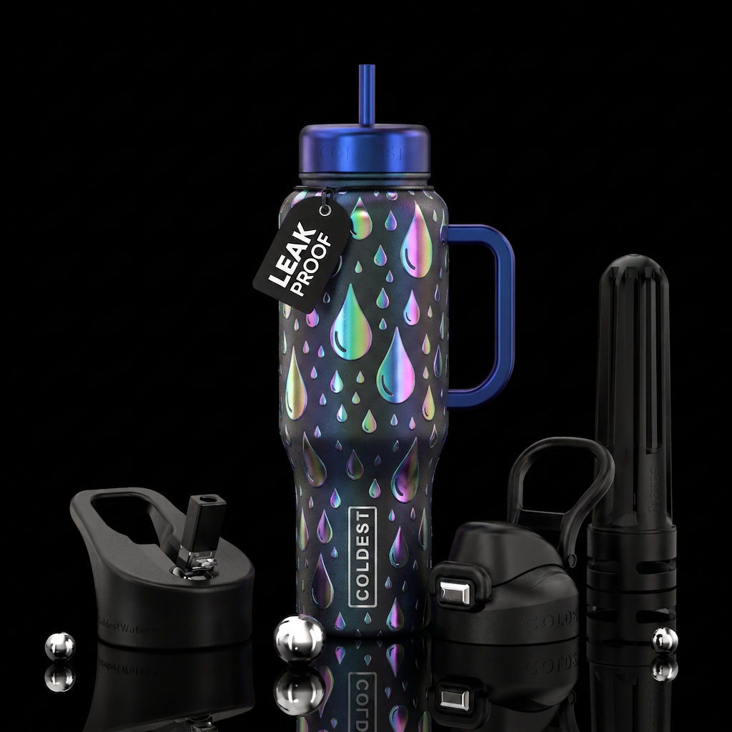 Dark bottle with large and small  iridescent  rain... water bottle design