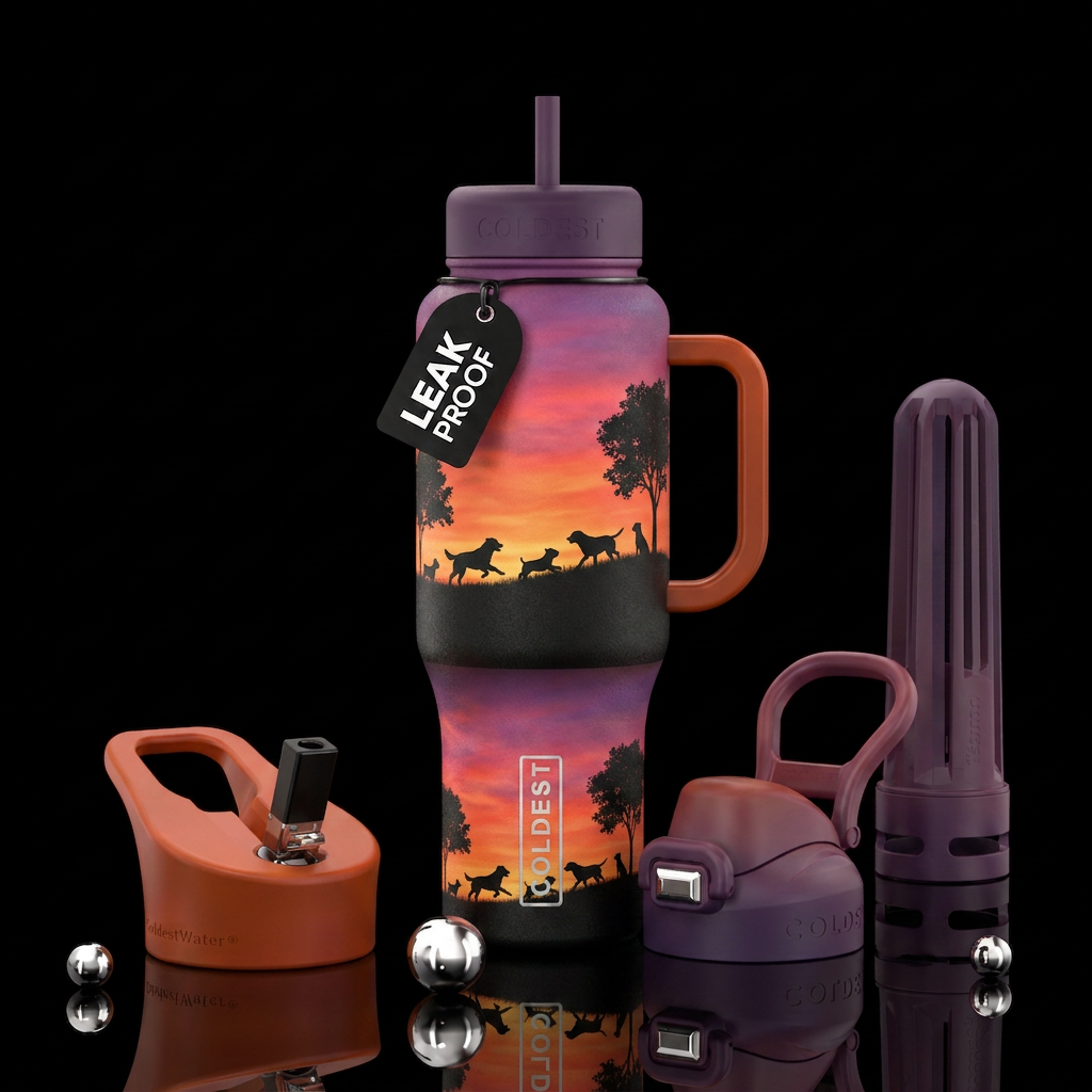 Black silhouetted Dogs playing on a hill in the su... water bottle design