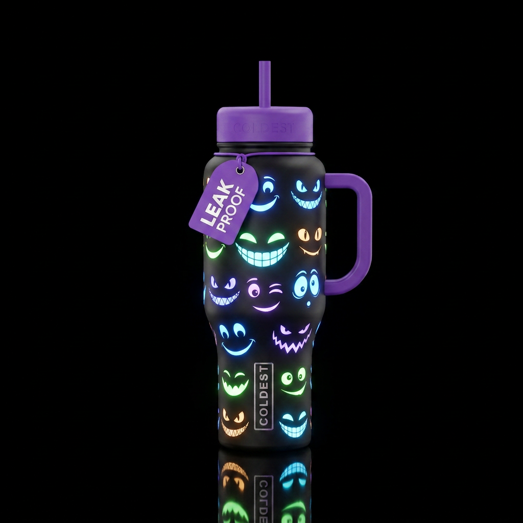Dark bottle glowing eyes and smiles of varying des... water bottle design