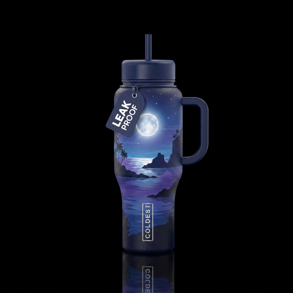 Ocean view silhouettes of scenery with moonlight water bottle design