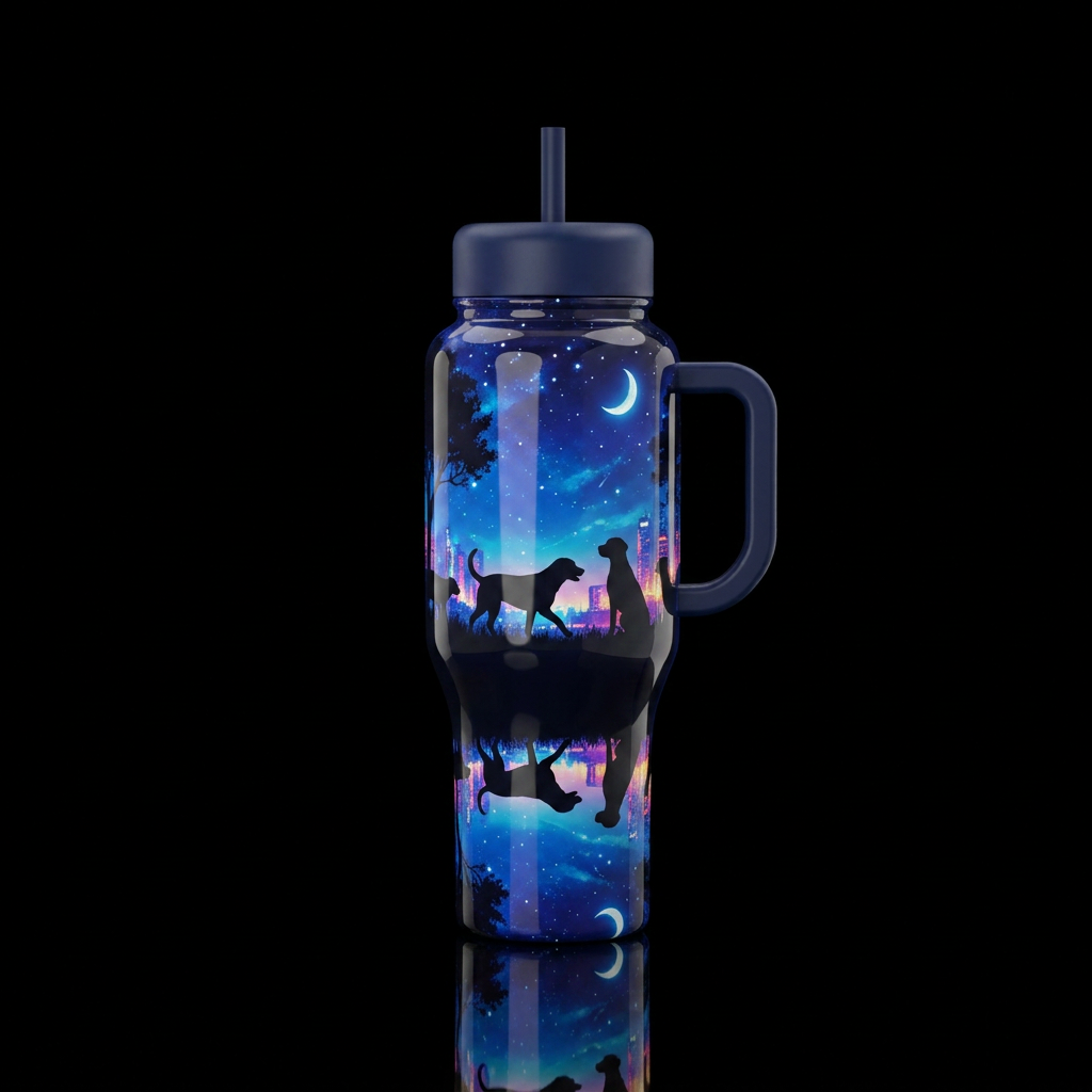 Several Black dog silhouettes walking or sitting i... water bottle design