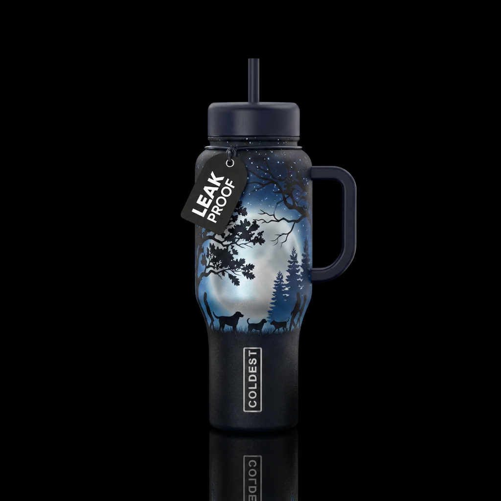 Night stroll : dark bottle with dogs silhouetted i... water bottle design