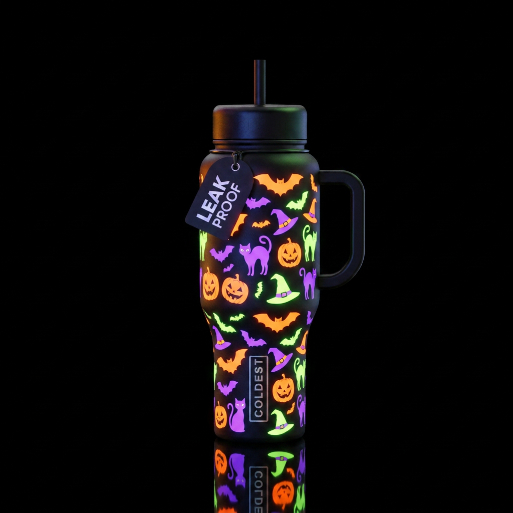 A matte pitch black cup with bats, cats, jack-o-la... water bottle design