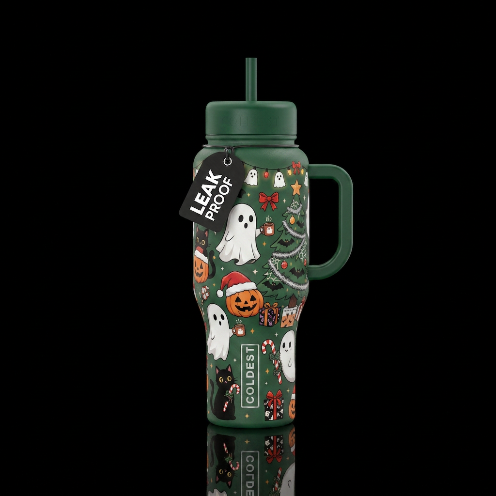 Ghosts and black cats having a christmas party. Th... water bottle design