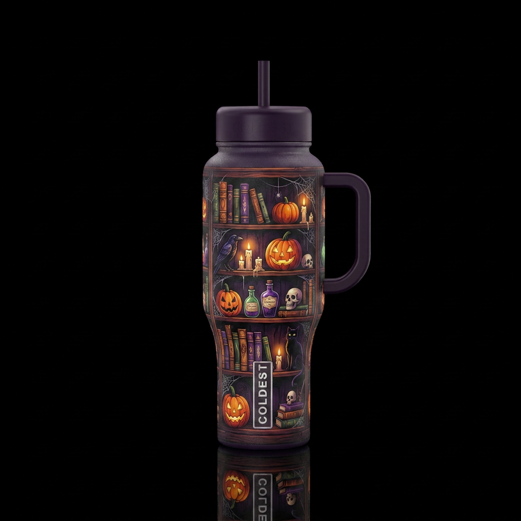 Dark background with A spooky bookshelf and cobweb... water bottle design
