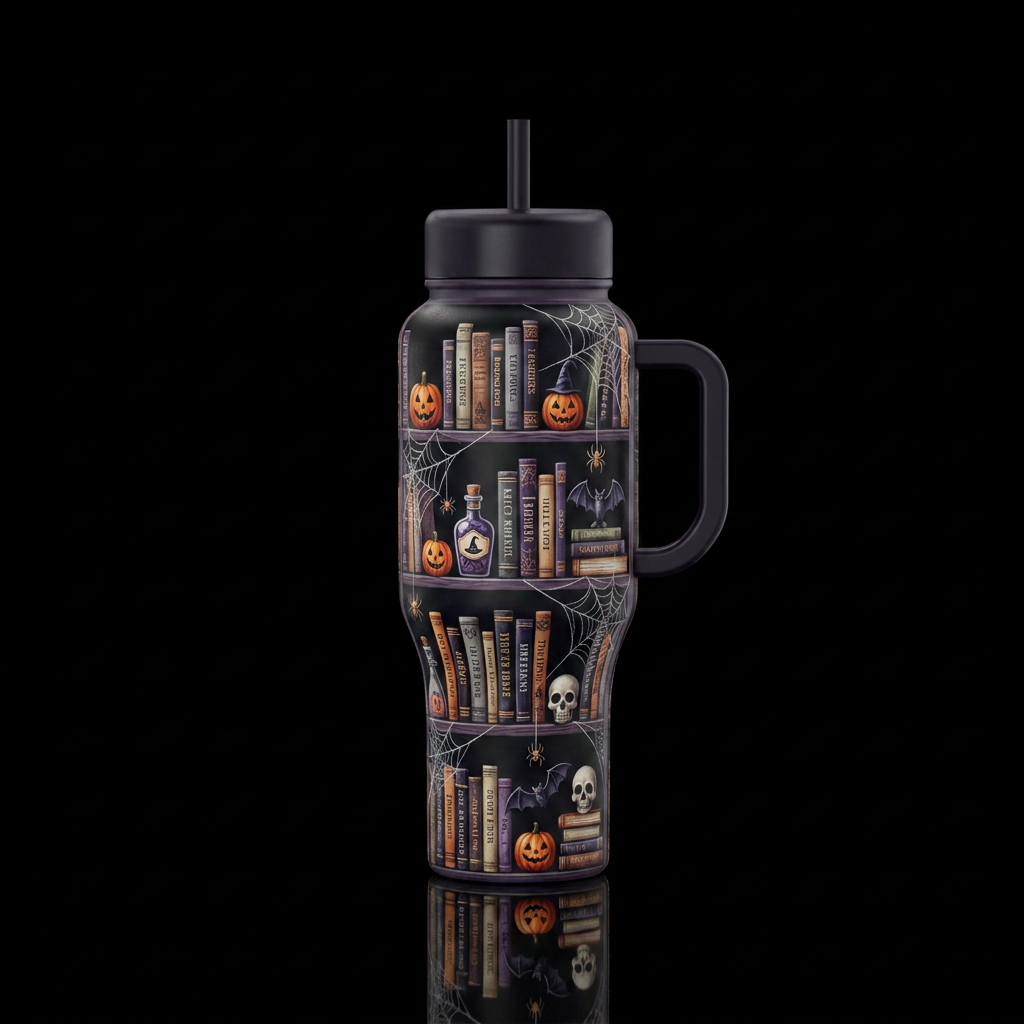 Dark background with A spooky bookshelf and cobweb... water bottle design