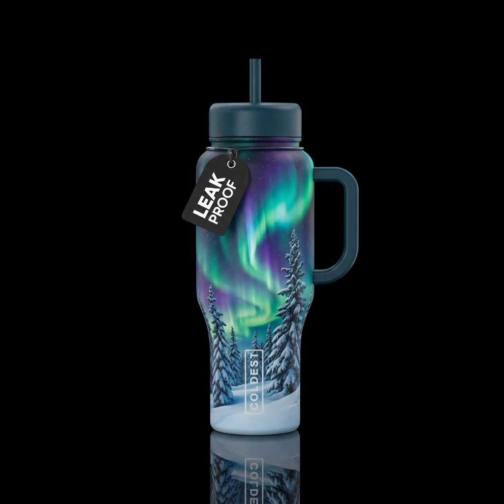 Tumbler in a beautiful snowy scene with northern l... water bottle design