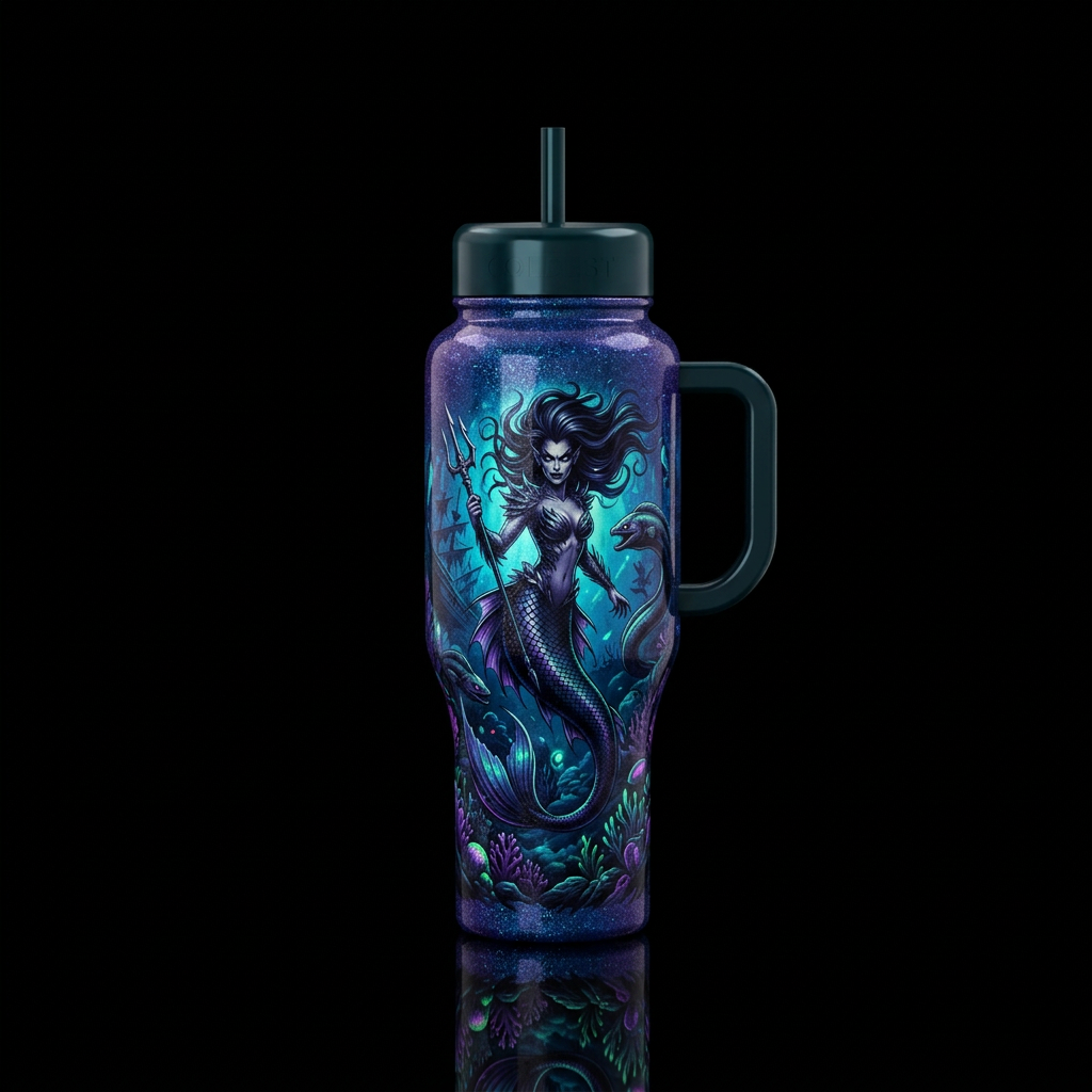 A tumbler that has a sparkly look with evil style ... water bottle design