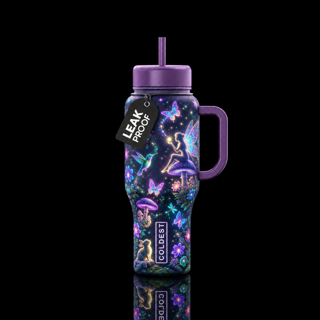 Glow in the dark textured magical gardens with fai... water bottle design