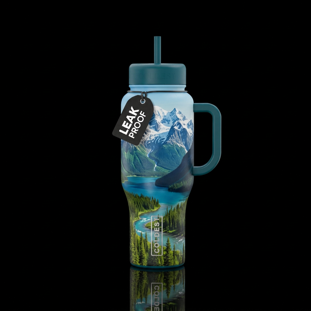 Mountains and lake or river water bottle design