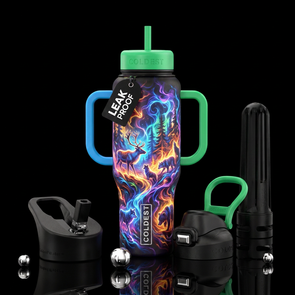 Multi color plasma taken form of forest and the wi...one handle water bottle design