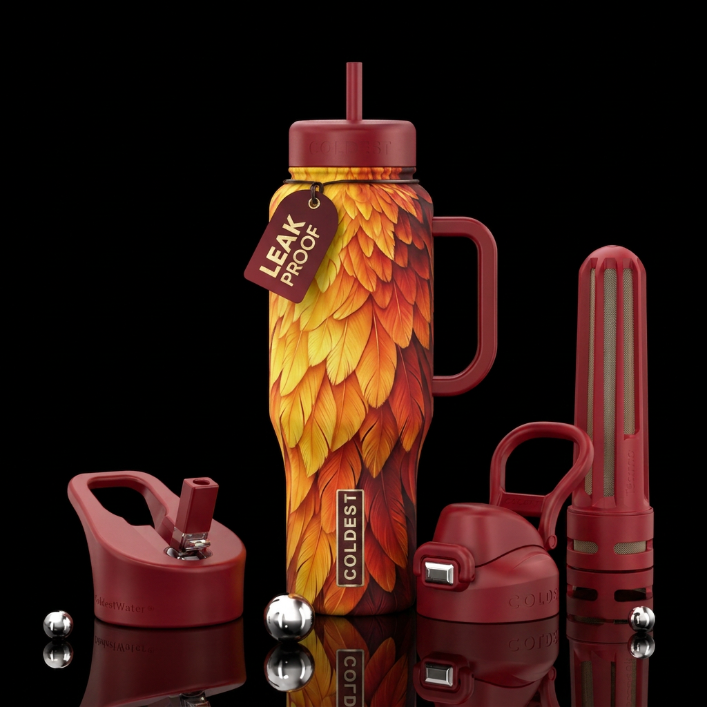 Phoenix feathers, yellow, orange to red layered li... water bottle design