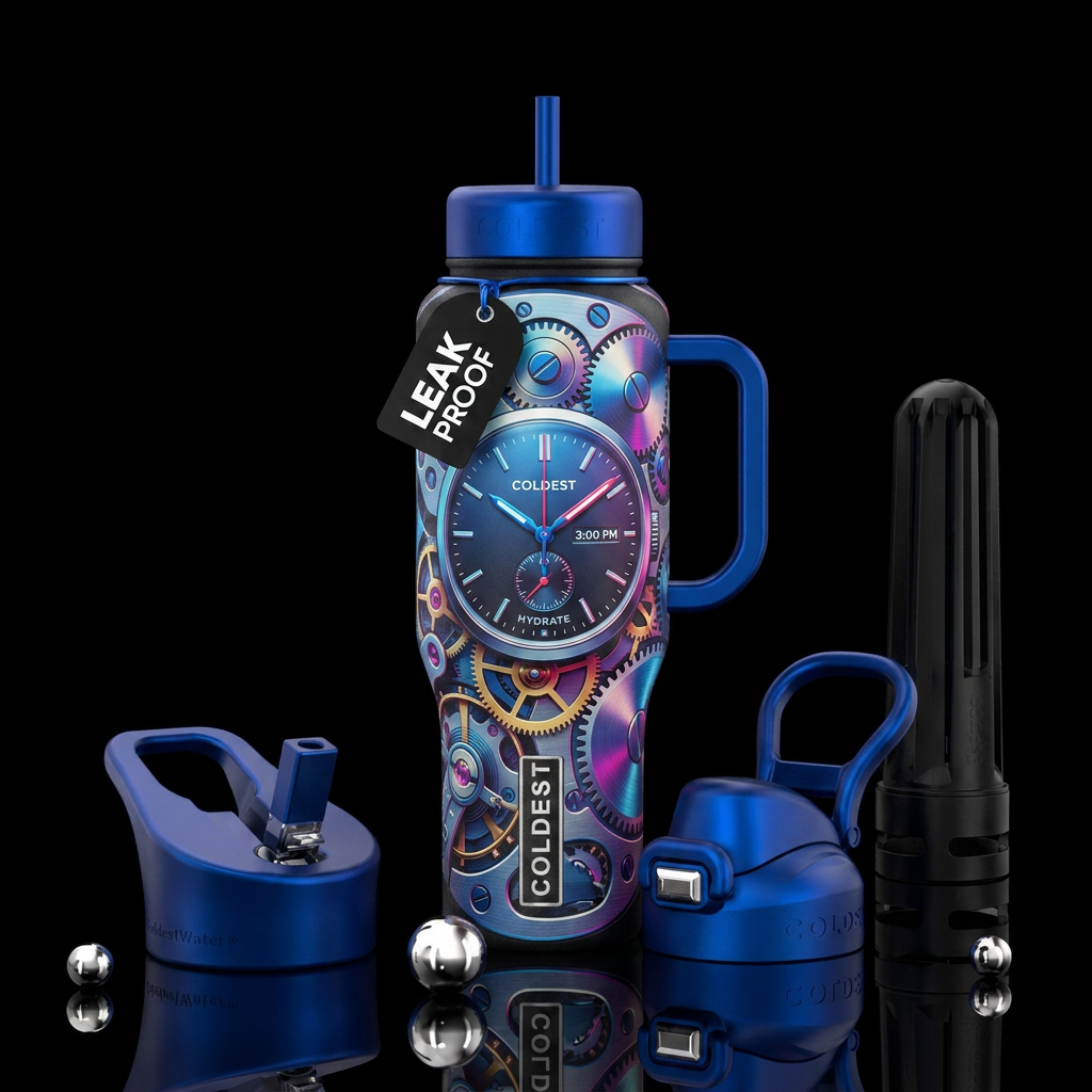 The intricate gears of a watch, yet on a larger sc... water bottle design