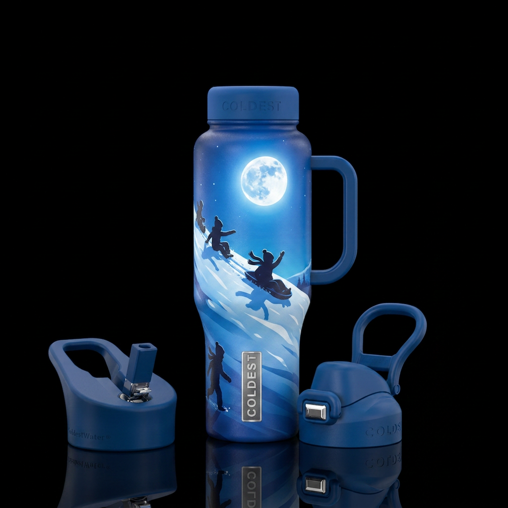 Kids, sliding down a hill during December its a ta... water bottle design