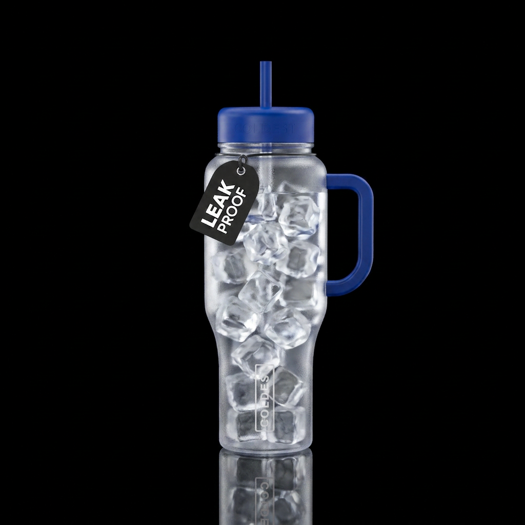 Show me cubes of ice on the bottle, as they would ... water bottle design