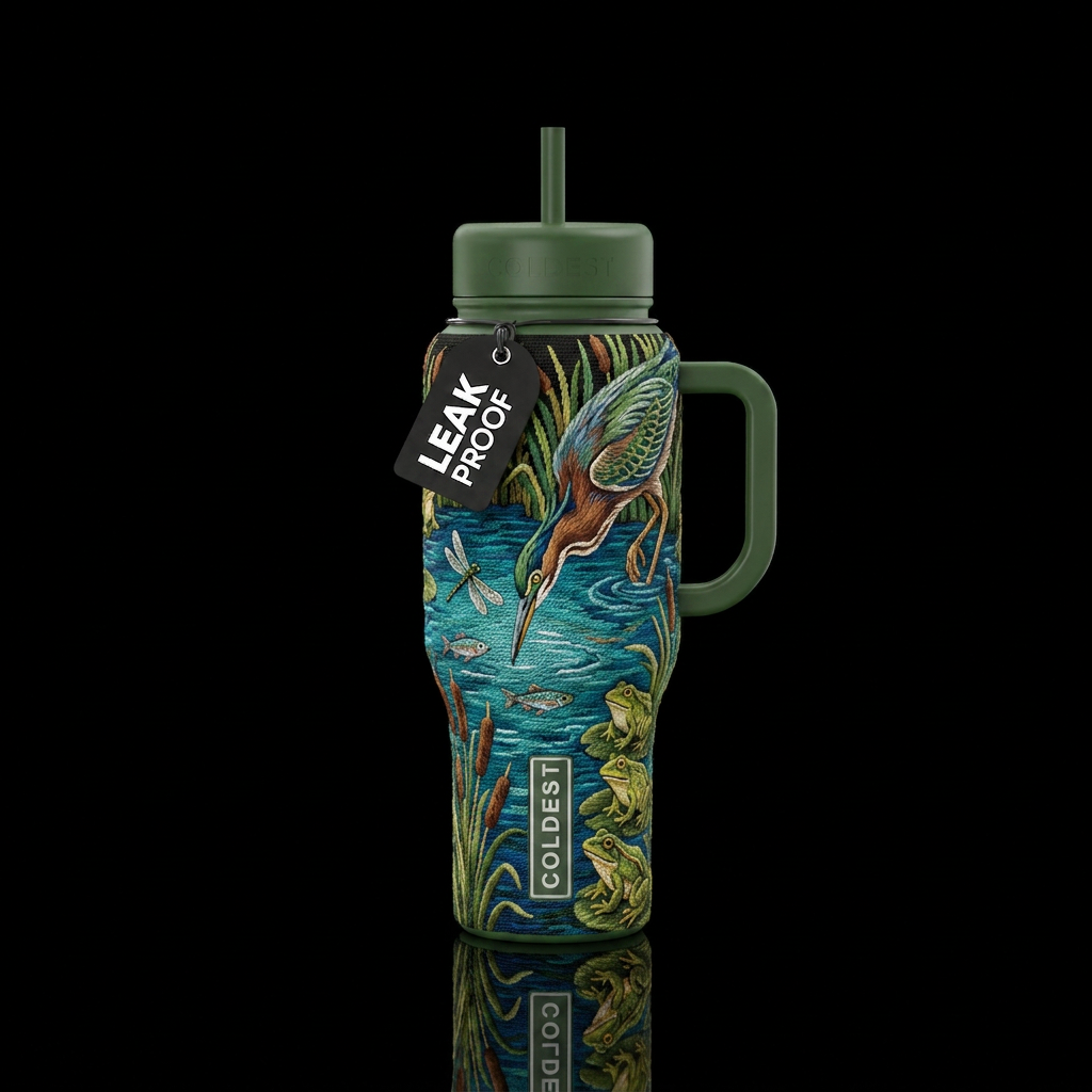 Art in needle point, green heron diving into a lar... water bottle design
