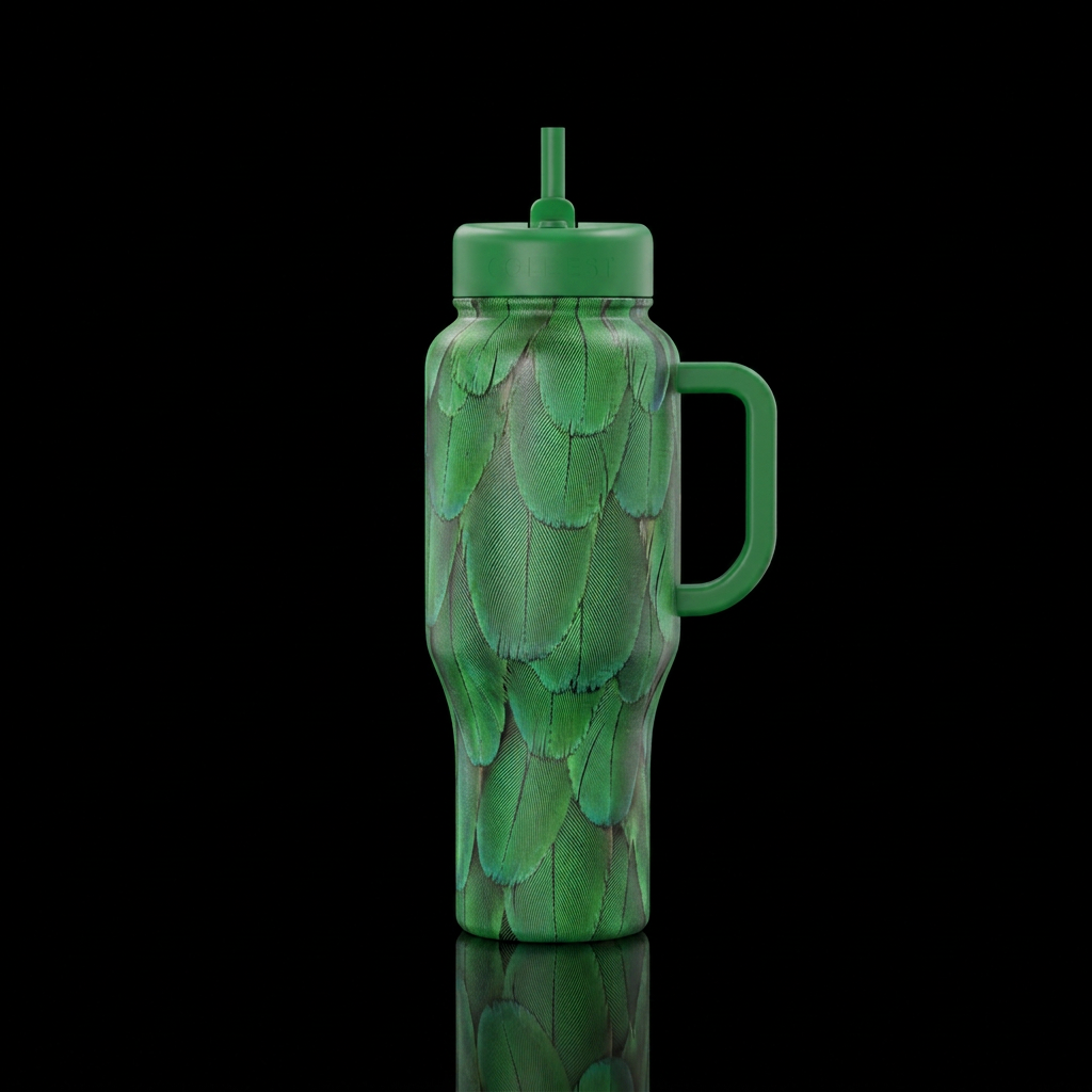 Green hummingbird feathers around the whole bottle... water bottle design
