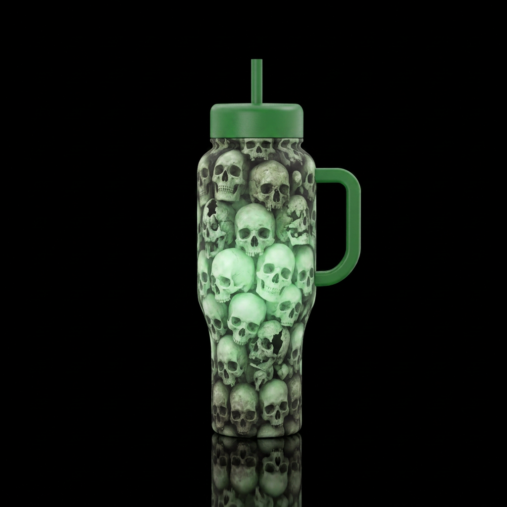 A tall wall stacked with human skulls from floor ... water bottle design