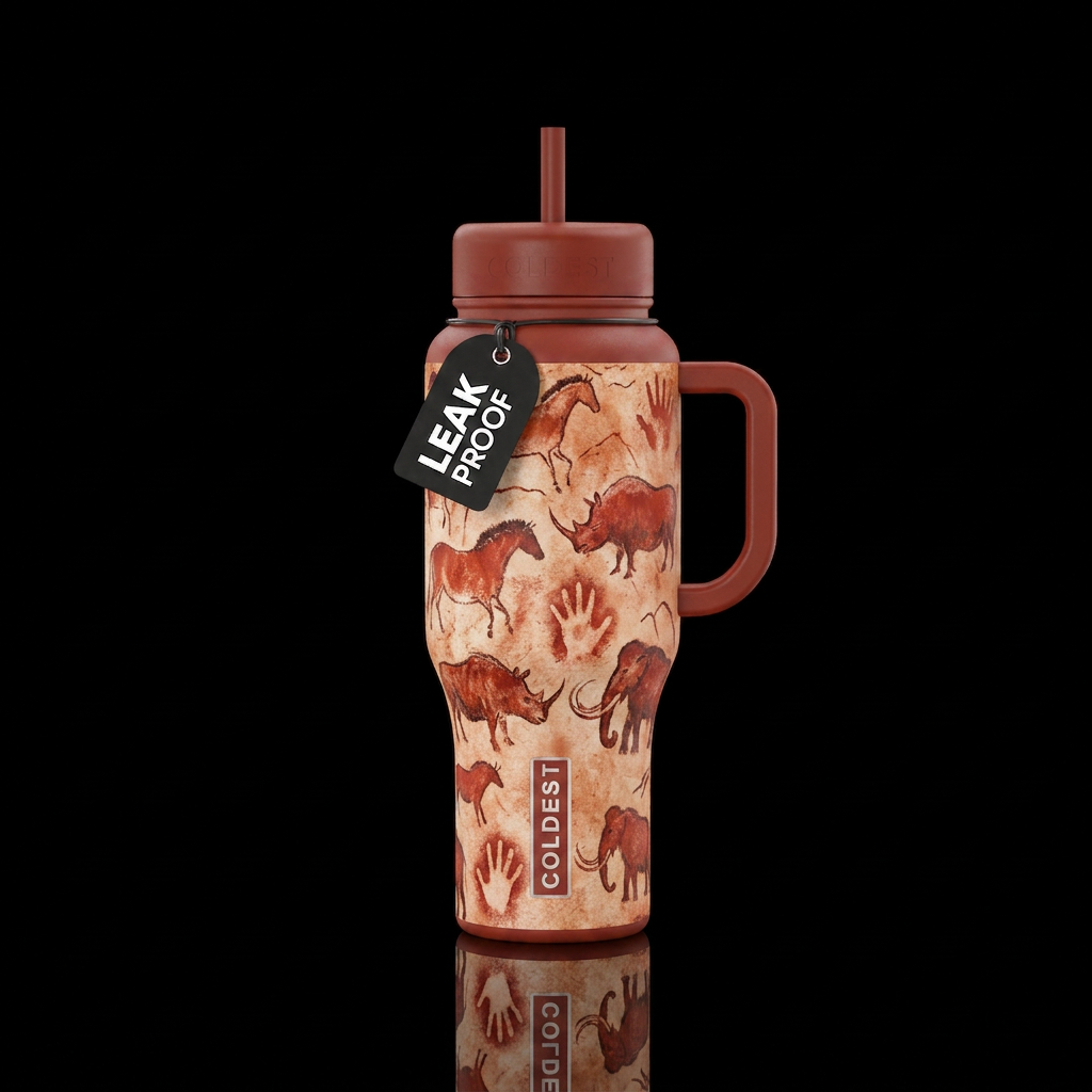 Prehistory cave art drawings with red ocean paint ... water bottle design