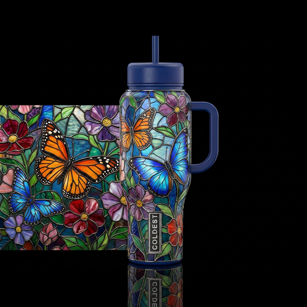 In a scene with stained glass flowers are stained ... water bottle design