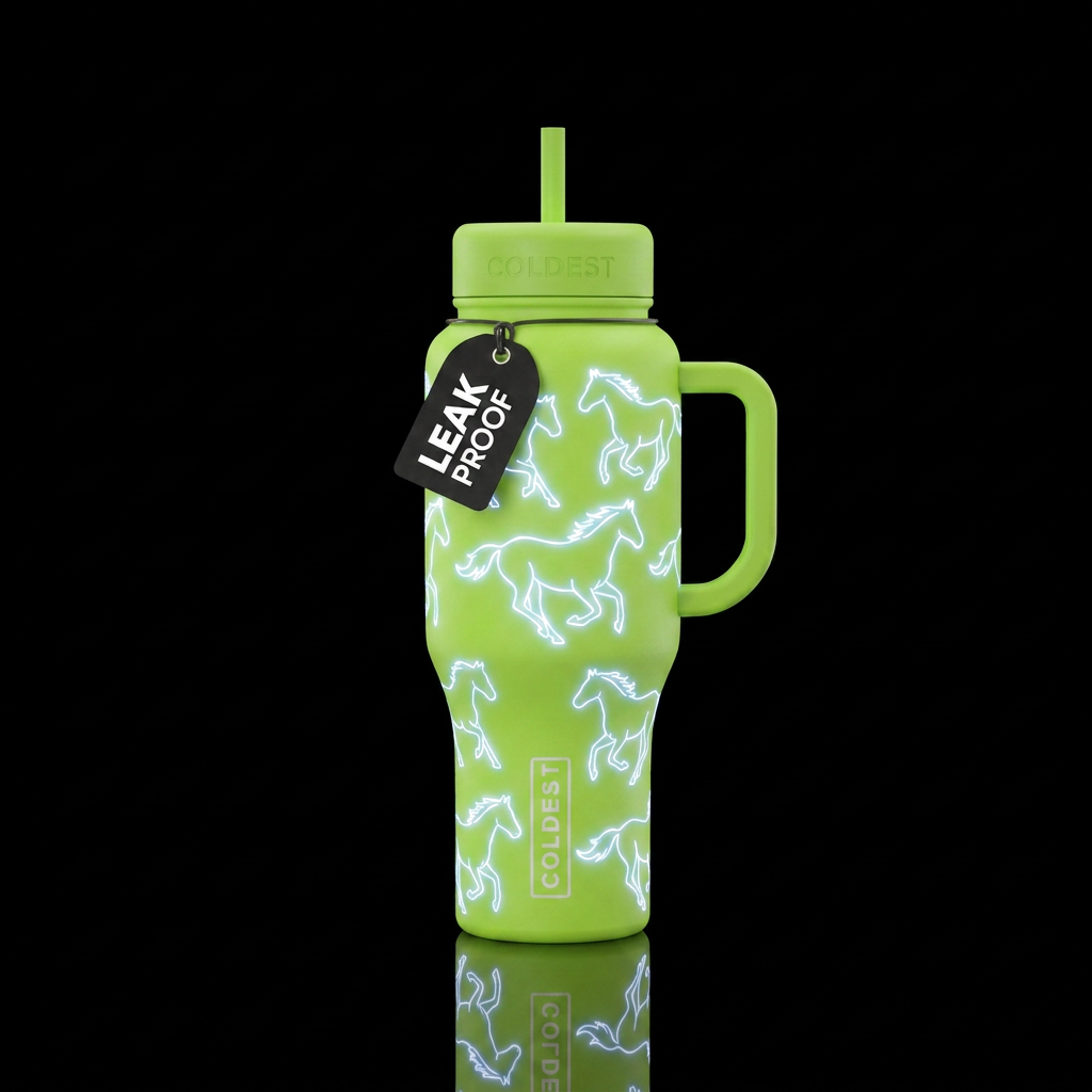 Glowie outlines of horses on a lime green matte bo... water bottle design