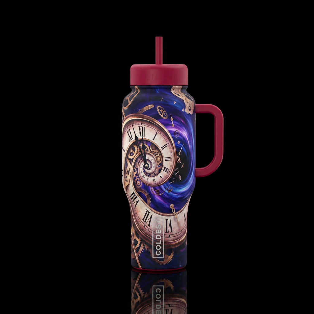 The old clock face is a spiral, the clock hands ar... water bottle design