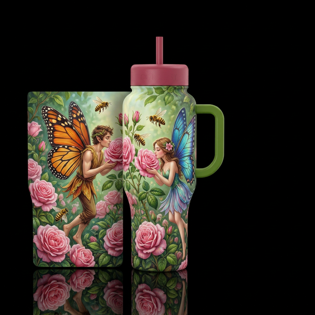 2 fairies male with monarch like butterfly wings t... water bottle design