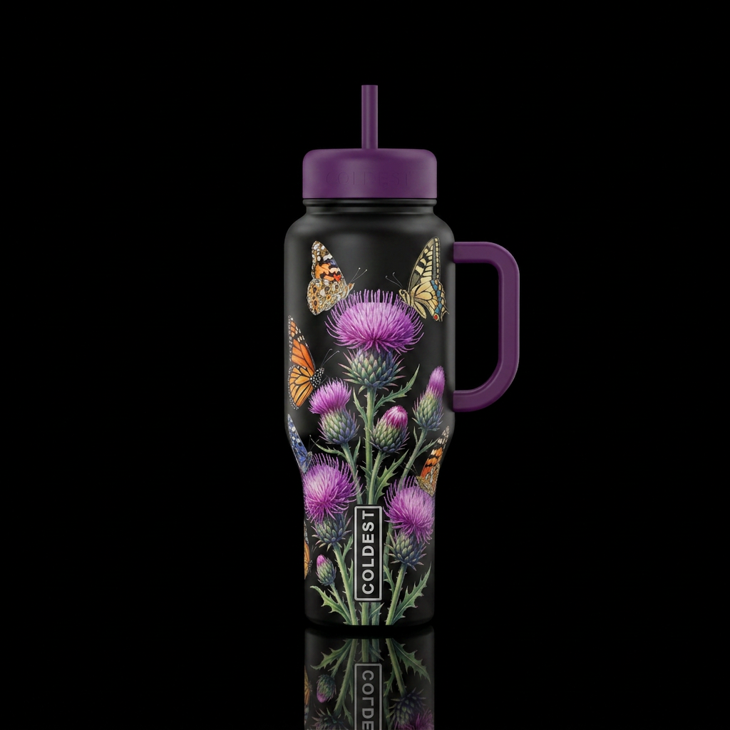 A purple blossom milk thistle is a favorite amongs... water bottle design