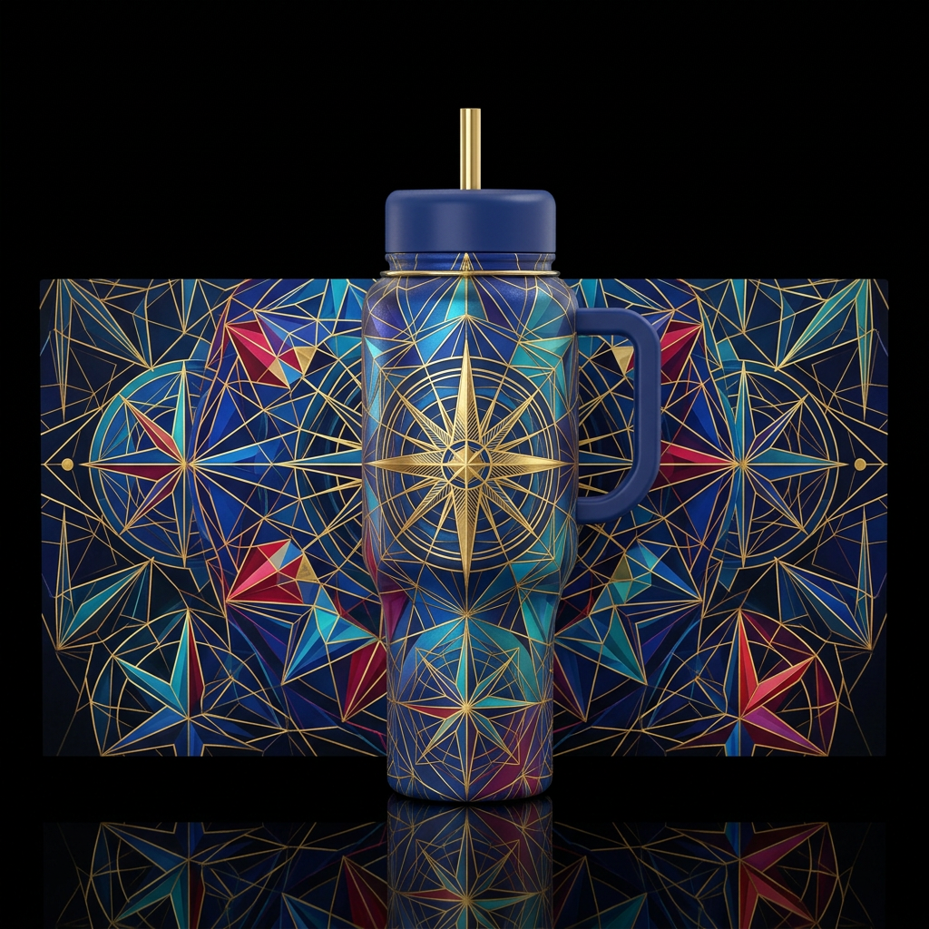 Compass rose design with many geometric angles aro... water bottle design