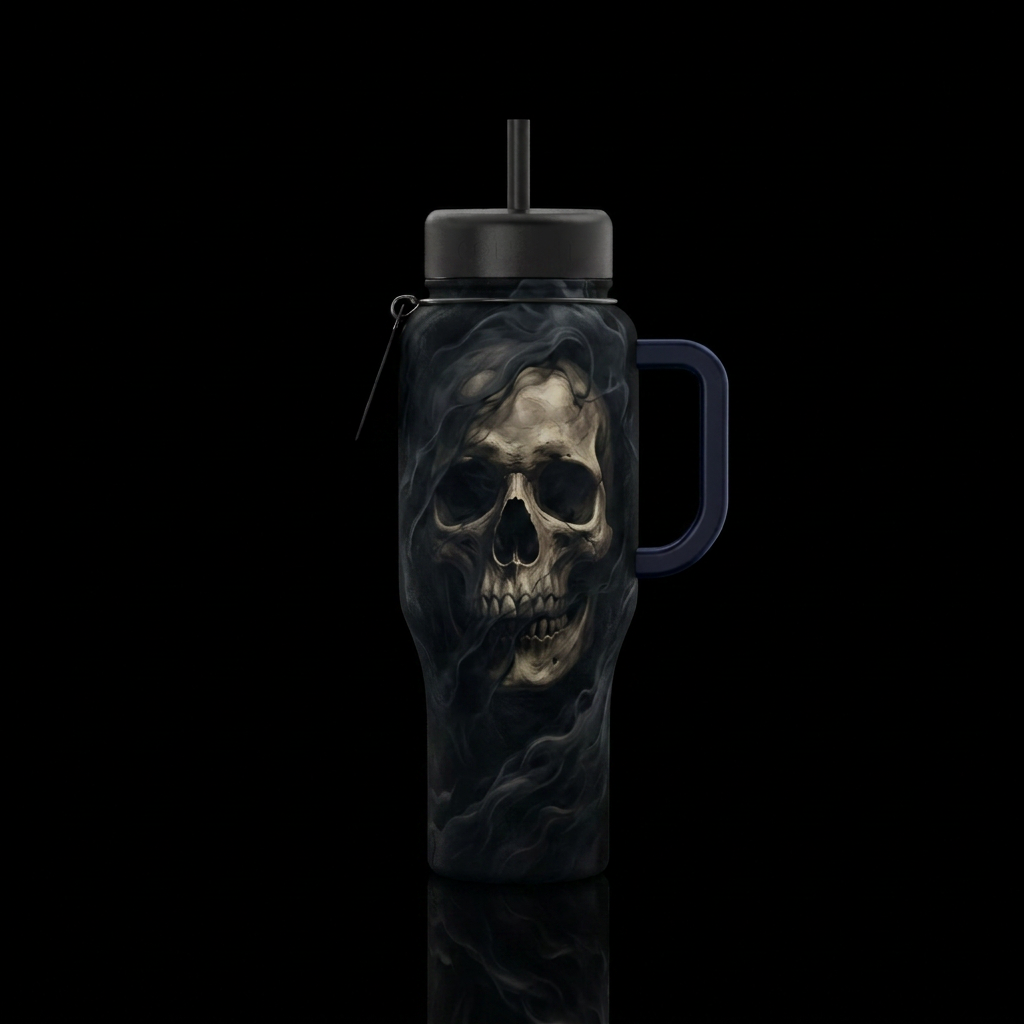 A human skull shrouded in an inky black ether. It ... water bottle design