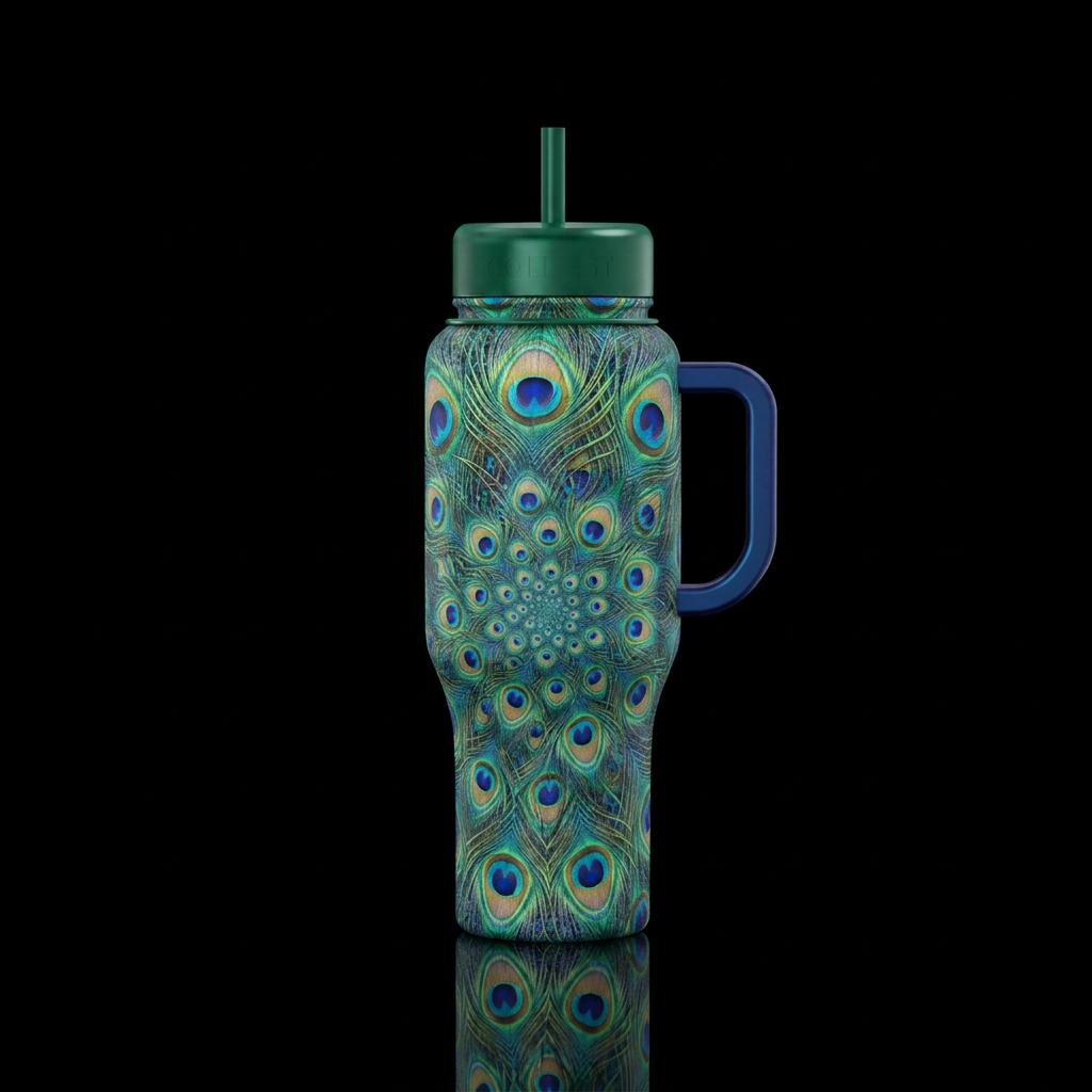 Peacock tail feathers in a repeating fractal water bottle design
