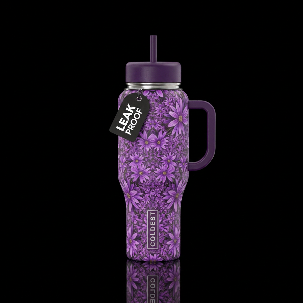 Purple wildflowers in a repeating fractal design water bottle design